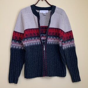 111 State Gray Full Zip Fair Isle Lambswool Angora Blend Knit Cardigan Sweater L